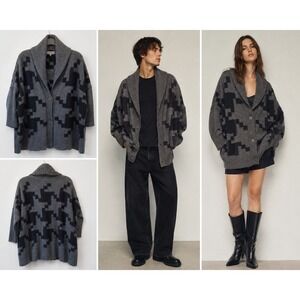 Uterque Grey Black Geometric Houndstooth Shawl Collar Oversized Cardigan S 26